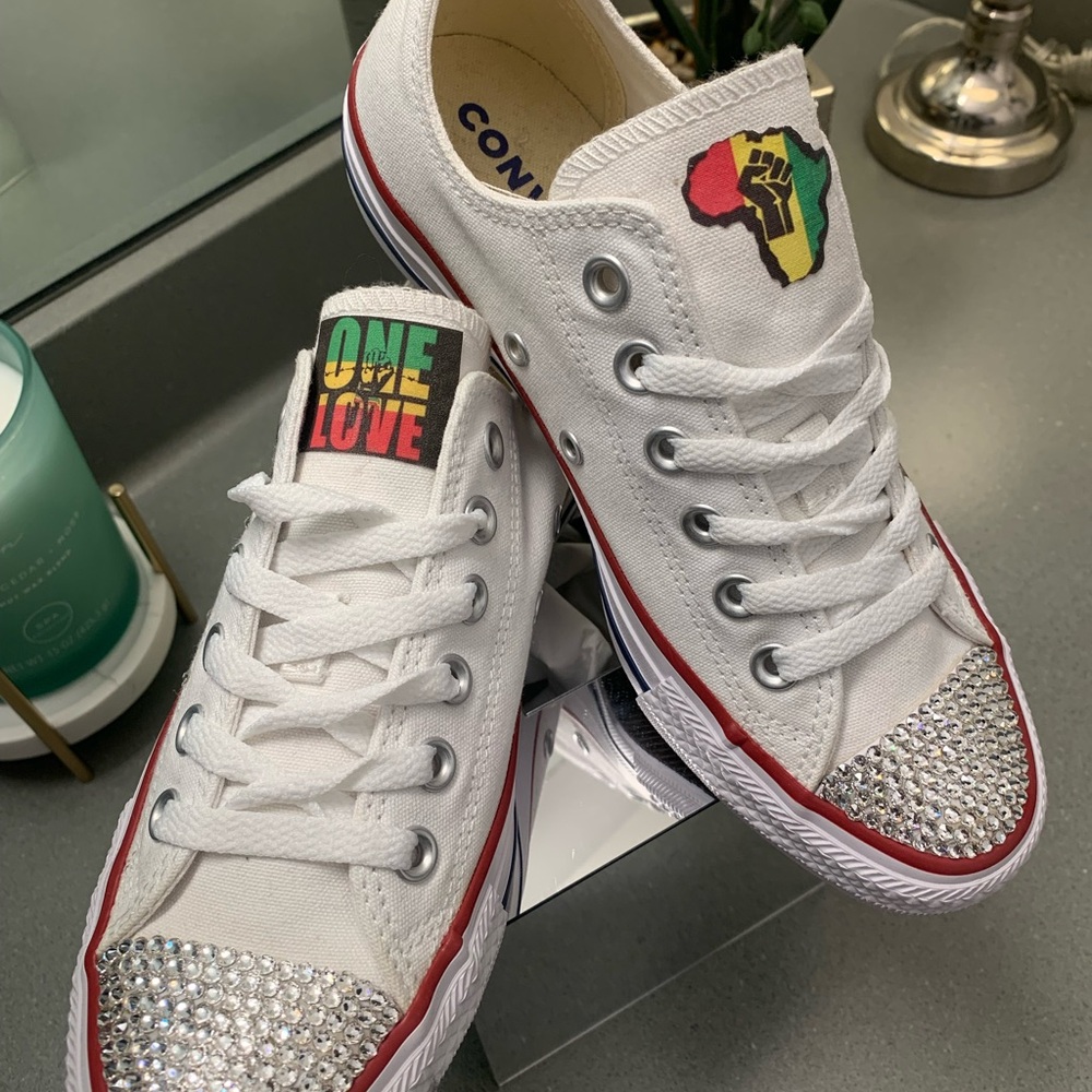 Converse White Sneakers with Rhinestone Toe and Rainbow Detail - Picture 4 of 11